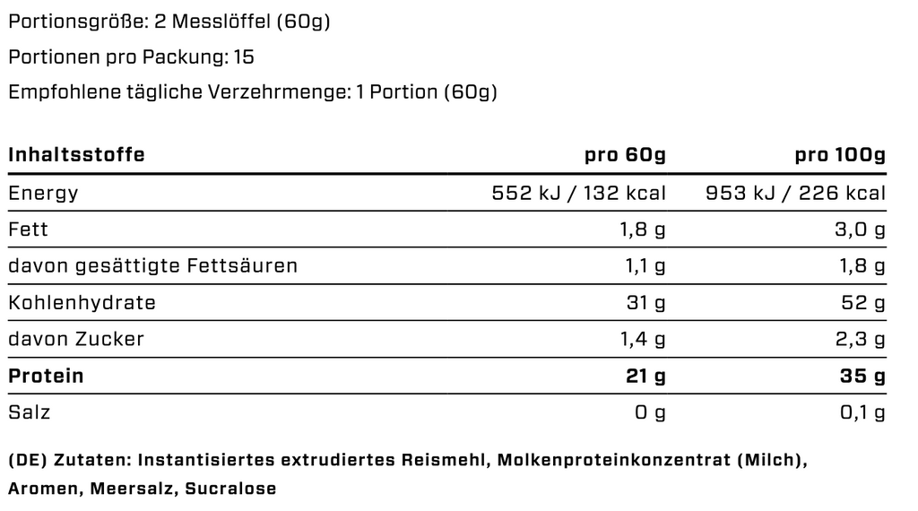 RICE + WHEY | 900g - Nährwertangaben